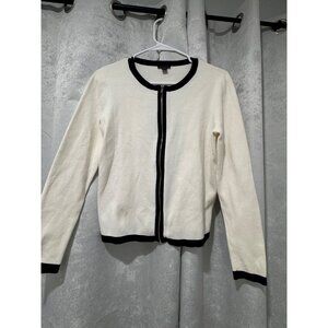 Ann Taylor Factory Womens Cardigan Sweater M White With Black Trim Cotton/Nylon